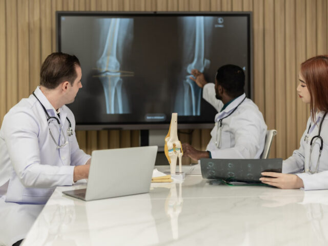 Image of a group of orthopedic surgeons discussing a patient's knee joint MRI at an orthopedic clinic.